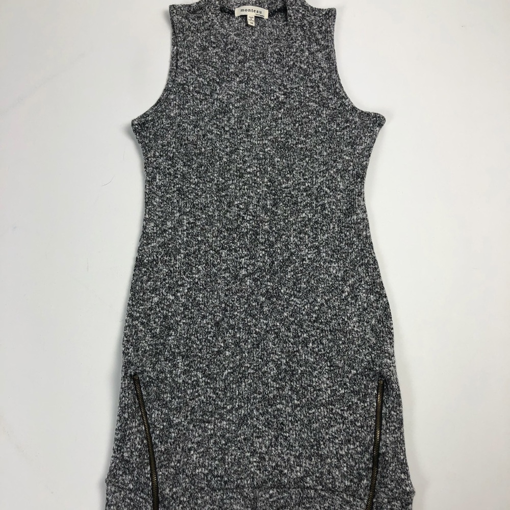 Monteau Los Angeles Black White Speckled Knit Mock Neck Zipper Detail Dress M